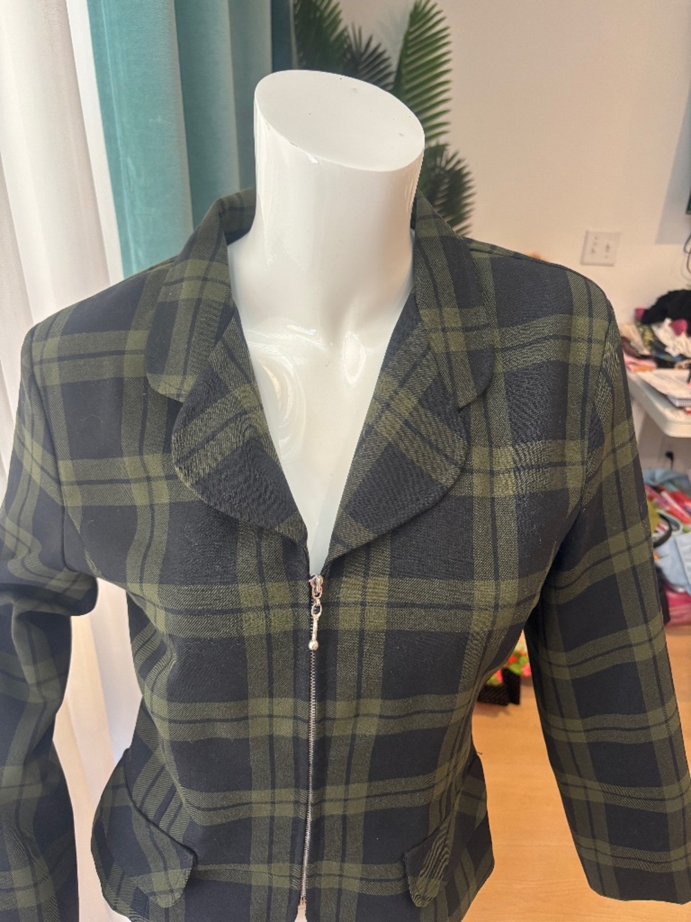 Daily Habit Green Plaid Zip Blazer Jacket